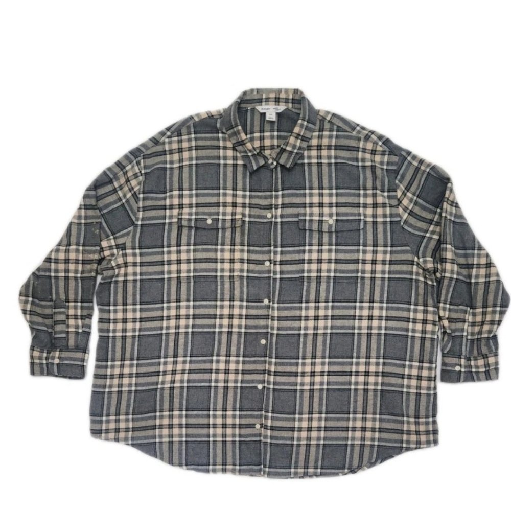 Old Navy The Boyfriend Shirt XXL Plaid Flannel Gray Cream Button-Up Pre-Owned